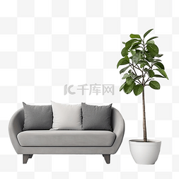 灰色沙发图片_带枕头和花盆的现代灰色沙发