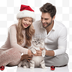女孩子与小猫图片_戴着圣诞老人帽子的幸福家庭在圣
