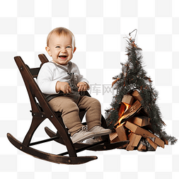 有趣的婴儿坐在雪橇圣诞树和壁炉