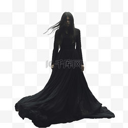 穿着长裙和黑眼睛的黑女巫站在秋