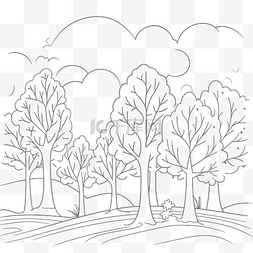 绘制有树木的森林着色页轮廓草图
