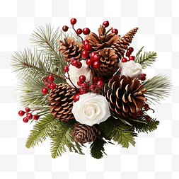小树枝抽象图片_带球果和冷杉树枝的圣诞花束