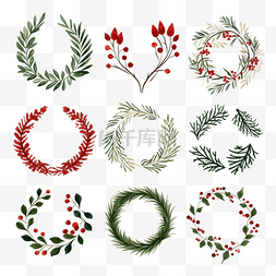 圣诞节松圈图片_设置圣诞花环手绘冷杉树枝与罗文