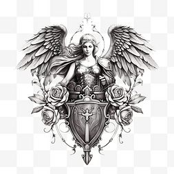 胸牌模版图片_斯巴达战士天使盾念珠纹身