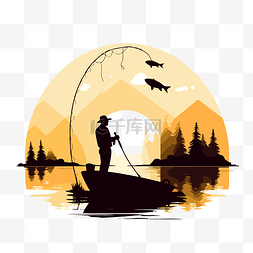湖钓鱼素材图片_剪影钓鱼剪贴画渔船与一个人在日