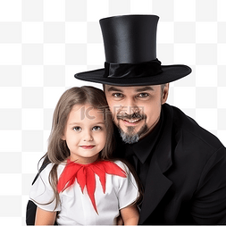 父母拉着孩子图片_化着德古拉妆的父亲和戴帽子的小