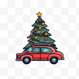冬季贴纸图片_屋顶上有圣诞树的汽车驾驶平面矢