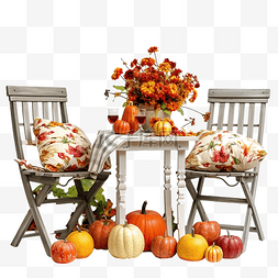 秋天院子里的花园桌椅，上面有苹