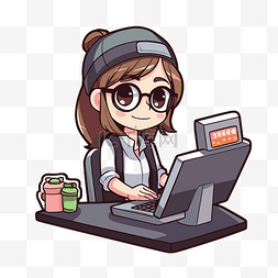 上网本图片_卡通女性电脑员工正在使用电脑 