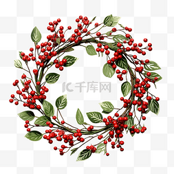 绿叶红叶图片_圣诞花环，树枝上有红色浆果和绿