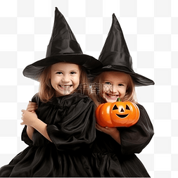 两个穿着女巫服装的小女孩万圣节