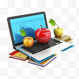 水果教育图片_带有苹果 3D 插图套件的在线教育