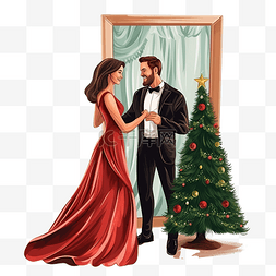 床上用品花纹图片_幸福的情侣在配有大镜子和圣诞树
