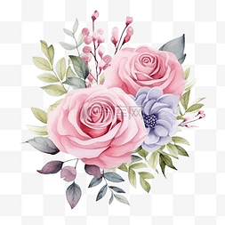 水彩花卉一束花图片_水彩鮮花花束插花與玫瑰和綠葉插