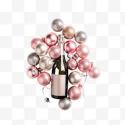 庆典香槟图片_带粉色和银色圣诞球的香槟瓶