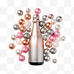 带粉色和银色圣诞球的香槟瓶
