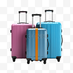 带行李离开图片_三个彩色手提箱，带标签 3d 插图