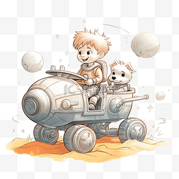小男孩和他的小狗在探险中驾驶玩