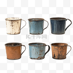 颜色特写图片_各种颜色的旧锌咖啡杯的集合