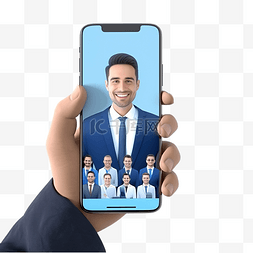 进行交流图片_身穿蓝色衬衫的商人在大手机屏幕