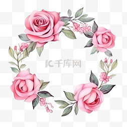 粉红玫瑰背景图片_水彩盛开的粉红玫瑰枝花花束花环
