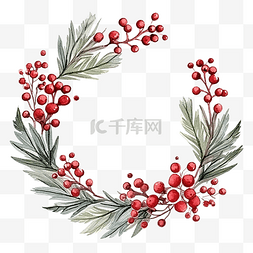 圣诞节边框圆形图片_手绘花环，上面有红色浆果和冷杉