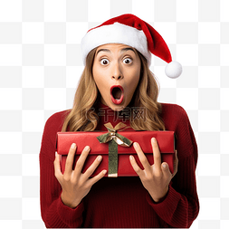 女人咬嘴唇图片_戴着圣诞帽的女孩打开圣诞礼物，