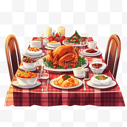 食物圣诞图片_插图矢量平面卡通圣诞餐桌全套设