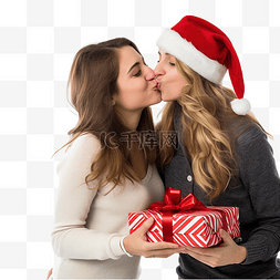 幸福的情侣在送给女友圣诞礼物后