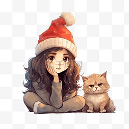 问问题插画图片_戴着圣诞帽的可爱女孩和猫坐在一