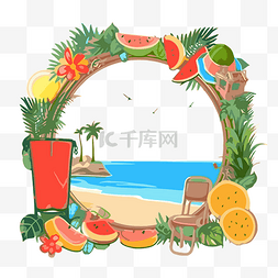 热带水果和海滩场景卡通夏季边框