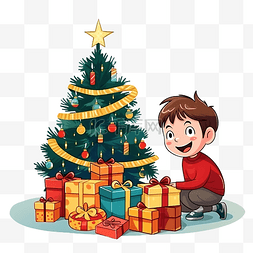 男孩客厅树烟囱礼物圣诞快乐庆祝