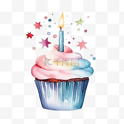 生日纸杯蛋糕图片_蛋糕与水彩生日蜡烛