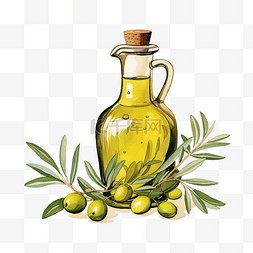 水彩橄榄油图片_带橄榄叶和树枝插图的橄榄油玻璃