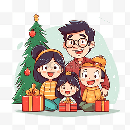 家庭成员在家里用松树庆祝圣诞节