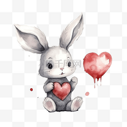 寵物小兔子图片_水彩灰色兔子与心