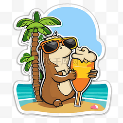 海滩小贴纸图片_小海狸在沙滩上喝啤酒 向量