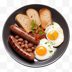 番茄图片_蓝色盘子里的鸡蛋和香肠