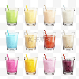 多种食图片_玻璃杯冰沙组的 3D 渲染多种口味 3
