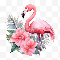 水彩叶子火烈鸟图片_粉红色的火烈鸟花水彩风格