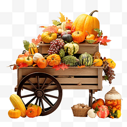 购物车上收获南瓜和水果，秋天的