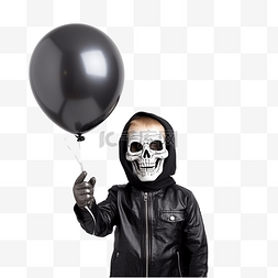 一个穿着骷髅服装拿着黑色气球的