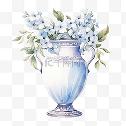 花瓶蓝色图片_水彩复古元素花瓶