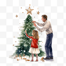 女孩用星星装饰美丽的圣诞树，而