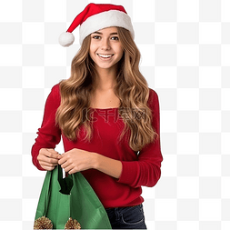 拿包的女孩图片_戴着圣诞帽的女孩拿着装满礼物的