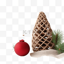 圣诞松枝球图片_白色木质复古表面上的粗麻布上有