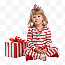 穿着睡衣图片_穿着红色条纹睡衣的可爱小女孩坐