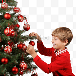 两兄弟正在帮忙用红珠装饰圣诞树