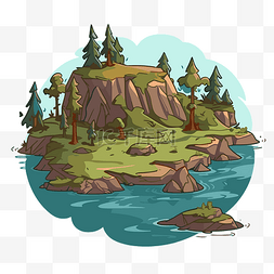 湖剪贴画卡通岛与松树和森林 向