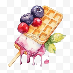 冰淇淋和糖果图片_水彩冰淇淋配水果和威化棒